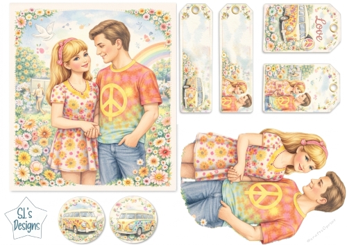 Hippie Love Couple Card & Tags – Retro 70s Flower Power Printable Kit