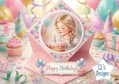 Sweet Pastel Birthday Card Topper with Cute Girl, Flowers & Cake – Printable Birthday Craft