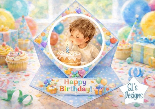 Cute Birthday Card Topper with Child Blowing Out Candle – Colourful Party Printable