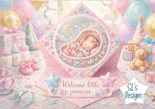 Welcome Little Princess Baby Girl Card Topper – Pink Newborn Printable with Sleeping Baby