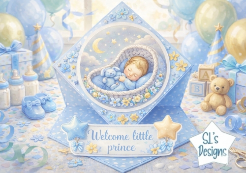 Welcome Little Prince Baby Boy Card Topper – Blue Newborn Printable with Sleeping Baby