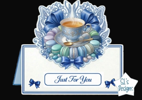 Elegant Blue Tea Cup & Macarons Just For You Card Front
