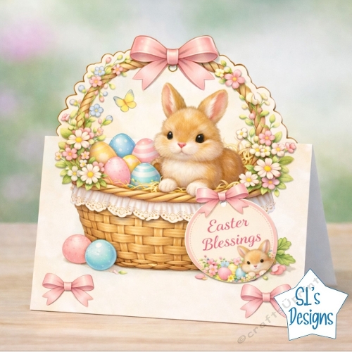Easter Bunny Basket Card Front With Eggs, Flowers & Pink Bows