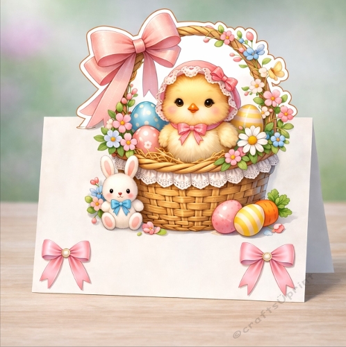 Easter Chick & Bunny Basket Card Front With Eggs, Flowers & Pink Bow