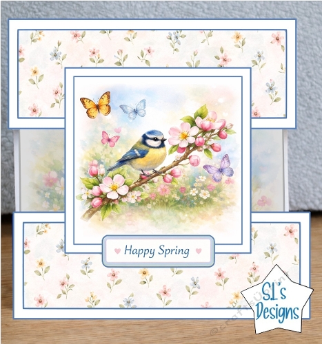 Blue Tit Bird Spring Card Front With Blossoms & Butterflies
