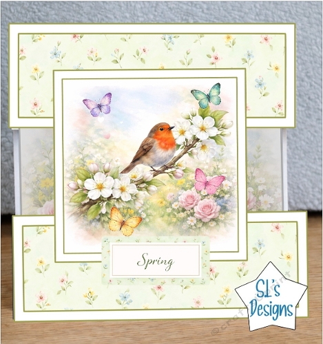 Robin Spring Card Front With Blossoms, Butterflies & Floral Border