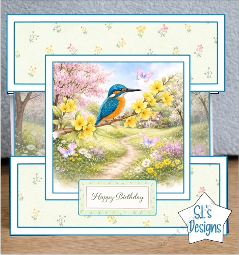 Kingfisher Birthday Card Front With Flowers, Cottage & Butterfli