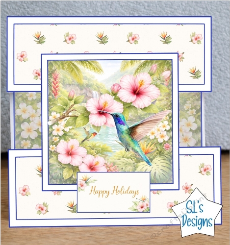 Tropical Hummingbird Holiday Card Front With Hibiscus & Flowers