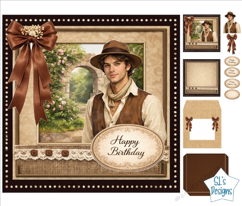 Western Cowboy Birthday Cardmaking Kit With Archway Scene & Brown Bow