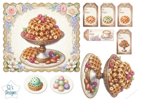 Elegant Waffle Dessert Tray & Floral Gift Tags Printable Sheet