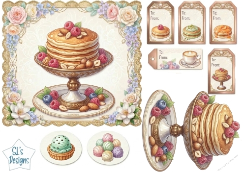 Vintage Pancake Dessert Tray & Floral Gift Tags Printable Sheet