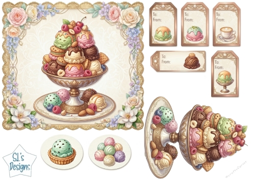 Luxury Ice Cream Sundae Dessert Tray & Floral Gift Tags Printable Sheet