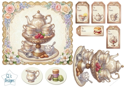 Vintage Tea Set Dessert Tray & Floral Gift Tags Printable Sheet