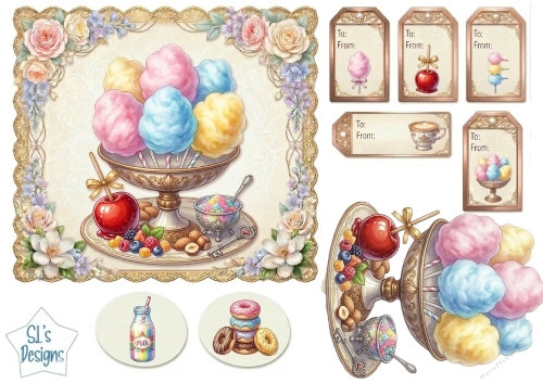 Whimsical Cotton Candy Dessert Tray & Floral Gift Tags Printable Sheet