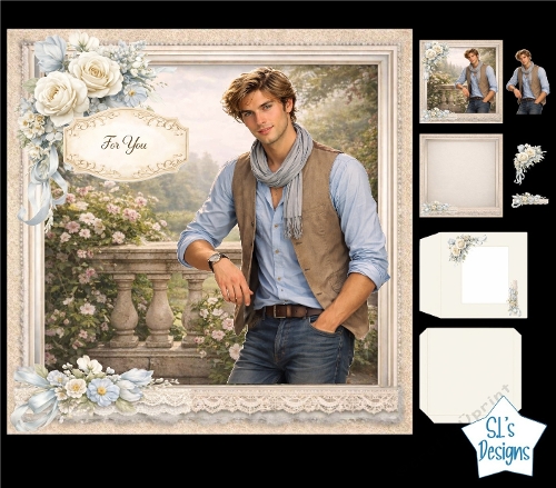 Elegant Romantic Floral Frame Card Front with Handsome Young Man