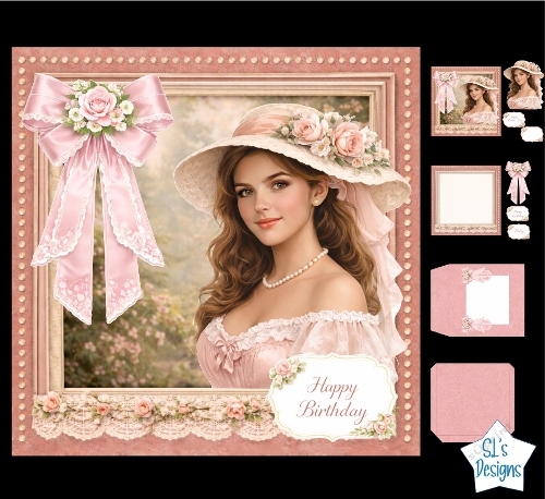 Victorian Birthday Card Kit with Elegant Lady, Pink Roses, and Lace Bow
