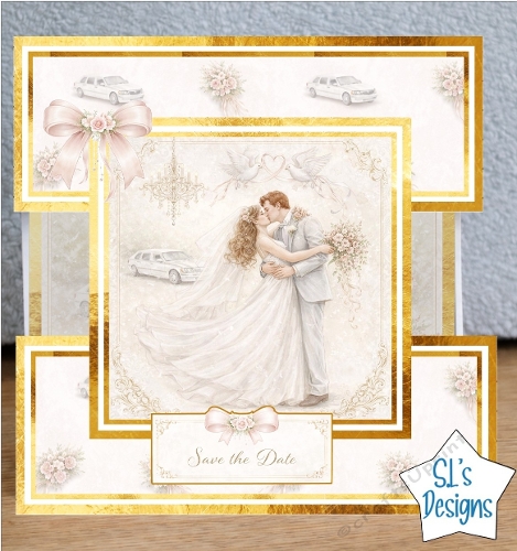 Romantic Wedding Save the Date Card with Bride and Groom, Doves, Limousine and Floral Accents