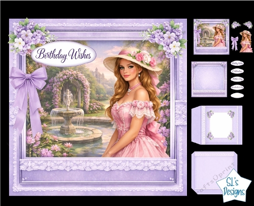 Victorian Lady Birthday Card Kit with Purple Flowers, Lace Frame and Elegant Bow
