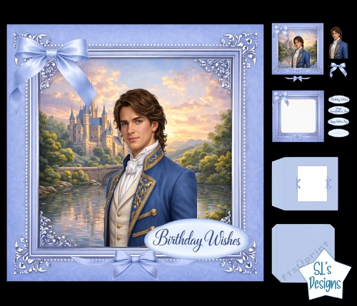 Regal Birthday Card Kit for Men with Castle Background, Blue Suit and Silver Accents