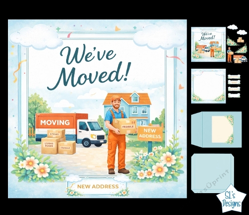 Weve Moved Card Kit with Moving Truck, New Home and Cheerful Illustration