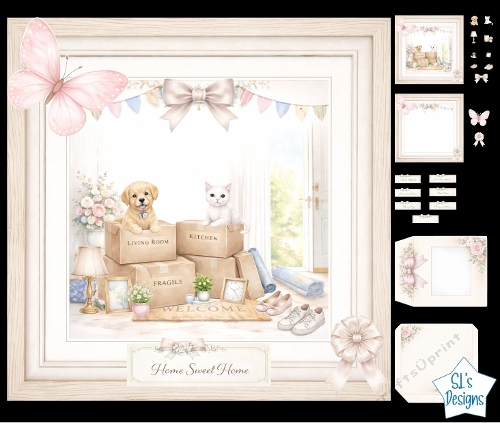 New Home Card Kit with Cute Puppy and Kitten, Moving Boxes and Floral Decor