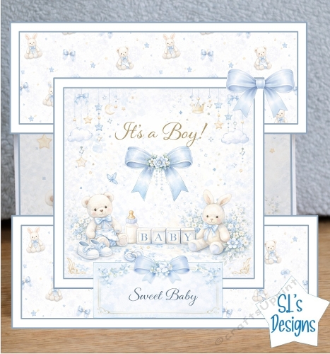 Its a Boy Baby Card Kit with Teddy Bear, Bunny, Blue Ribbon and Cute Baby Elements