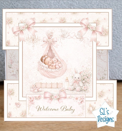 Welcome Baby Girl Card Kit with Cradle, Teddy Bear, Pink Florals and Soft Pastel Decor