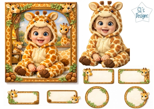 Cute Baby Giraffe Costume Card Front & Labels Set