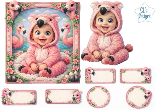 Cute Baby Flamingo Costume Card Front & Matching Labels Set