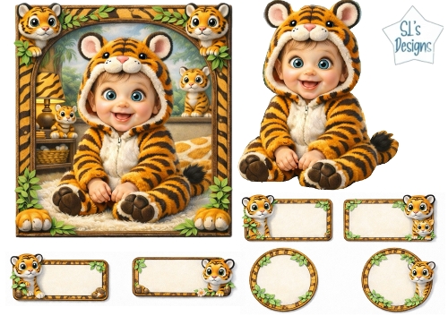 Adorable Baby Tiger Costume Card Front & Matching Labels Set