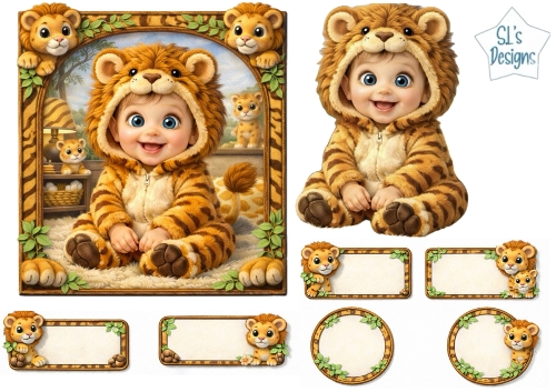 Adorable Baby Lion Costume Card Front & Matching Labels Set