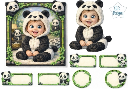 Adorable Baby Panda Costume Card Front & Matching Labels Set