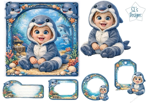 Adorable Baby Dolphin Costume Card Front & Ocean‑Themed Labels Set