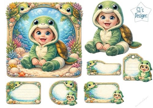 Adorable Baby Turtle Costume Card Front & Ocean‑Themed Labels Set