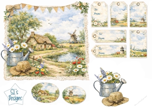 Charming Countryside Cottage & Windmill Card Front with Matching Gift Tags