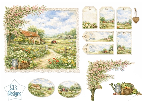 Charming Countryside Farm Cottage Card Front with Rustic Gift Tags