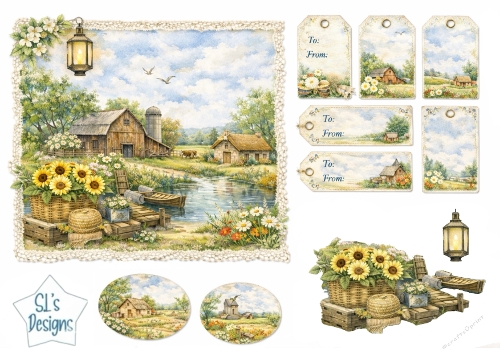 Peaceful Countryside Barn & River Scene Card Front with Rustic Gift Tags