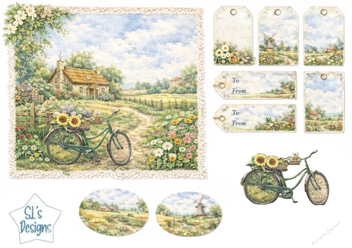 Charming Countryside Cottage & Flower Bicycle Card Front with Vintage Gift Tags