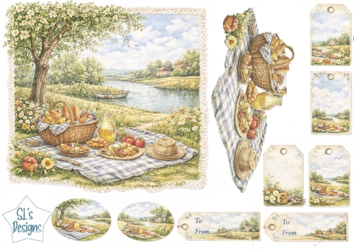 Charming Countryside Picnic by the River Card Front with Rustic Gift Tags