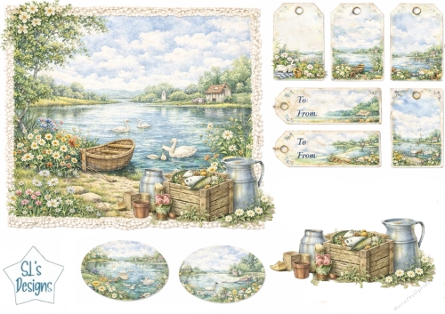 Peaceful Lakeside Swans & Rowboat Card Front with Rustic Gift Tags