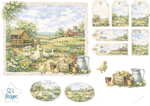 Charming Countryside Ducks & Ducklings Farm Scene Card Front with Rustic Gift Tags
