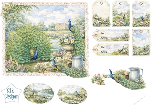 Elegant Peacock Garden Scene Card Front with Vintage Floral Gift Tags
