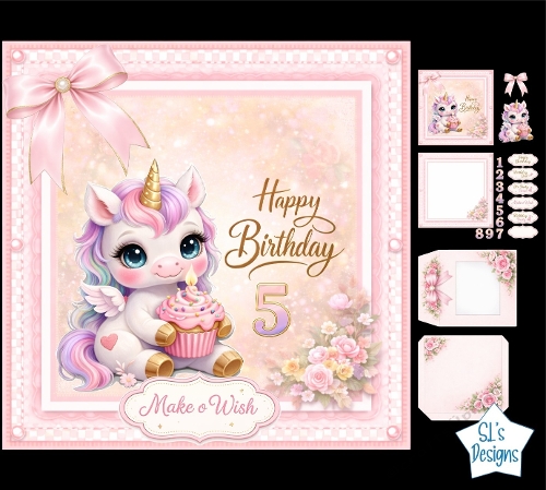 Unicorn Birthday Card Kit with Cupcake, Pink Roses and Pastel Rainbow Hair