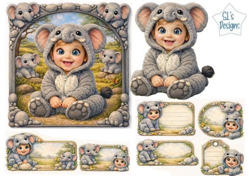Cute Baby Elephant Labels & Toppers – Adorable Costume Baby, Safari Animals & Nature Frames