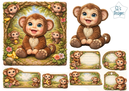 Cute Baby Monkey Jungle Labels & Toppers – Adorable Costume Baby, Bananas & Tropical Forest Frames