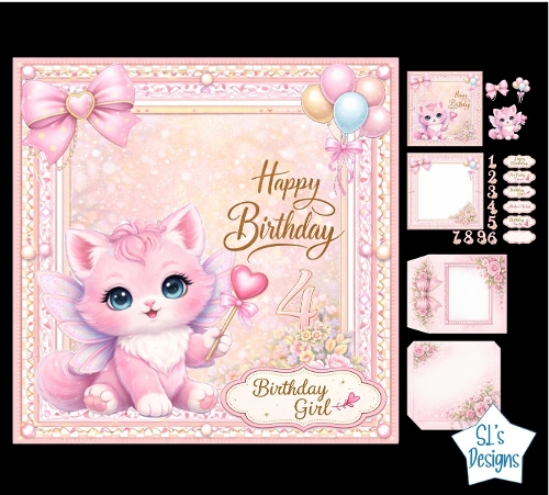 Cute Fairy Kitten Birthday Card Kit with Pink Wings, Balloons and Sparkly Pastel Decor