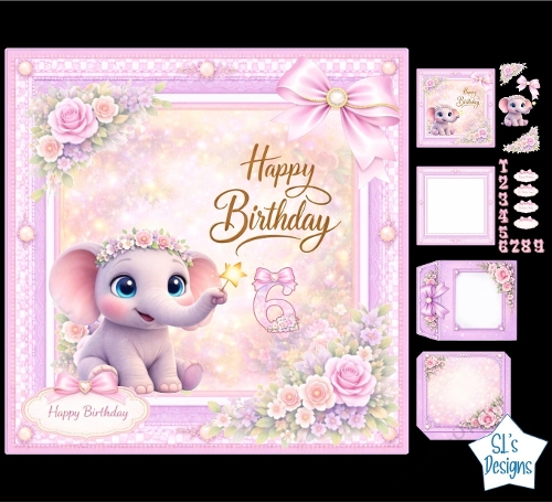 Cute Baby Elephant Birthday Card Kit with Floral Crown, Star Wand and Pastel Pink Decor
