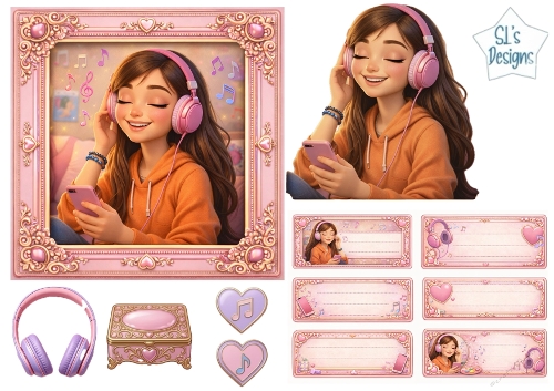 Cute Music Girl with Headphones Pink Frame Card Kit