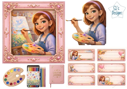 Cute Art Girl Painting Pink Frame Card Kit
