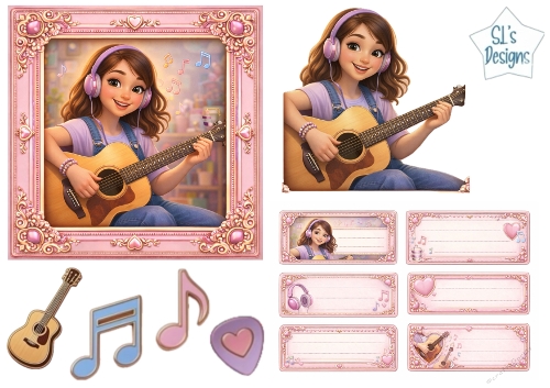 Cute Guitar Girl Pink Frame Musical Card Kit